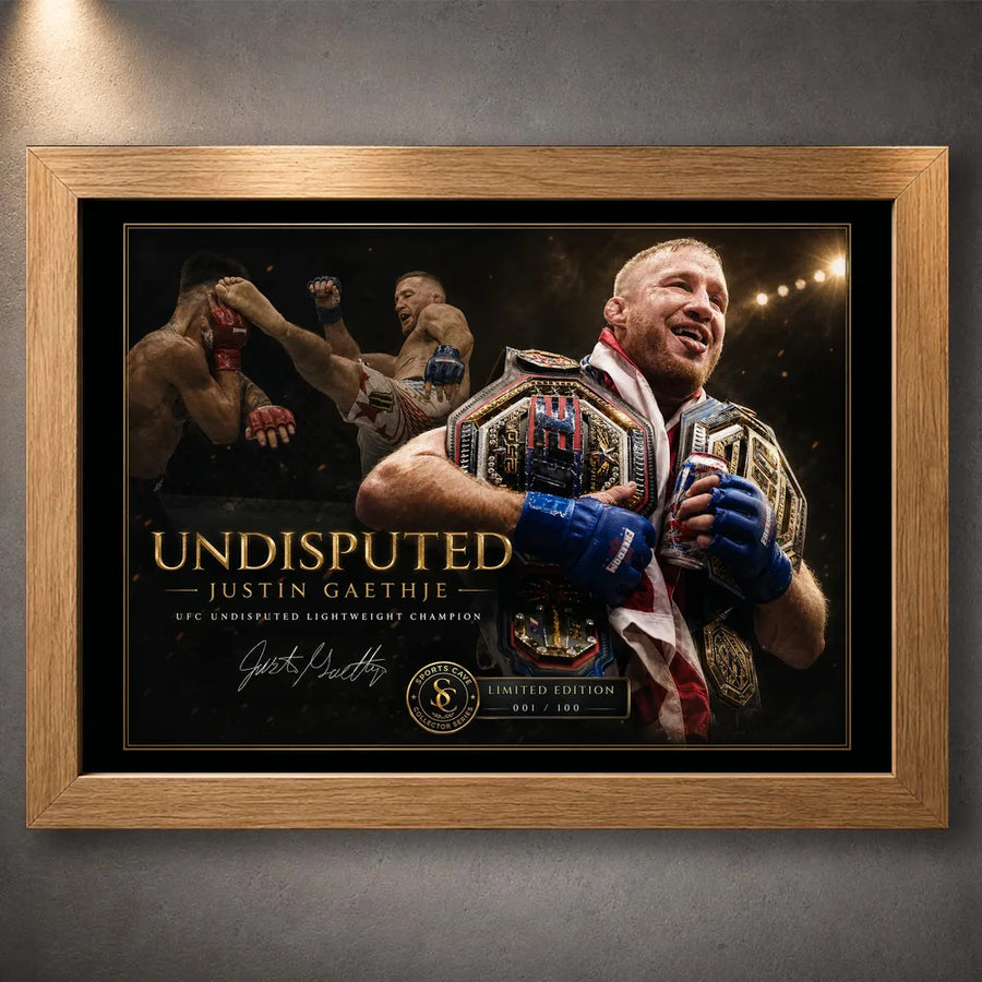Oak framed Justin Gaethje Undisputed wall art with collector styling for combat sports fans.