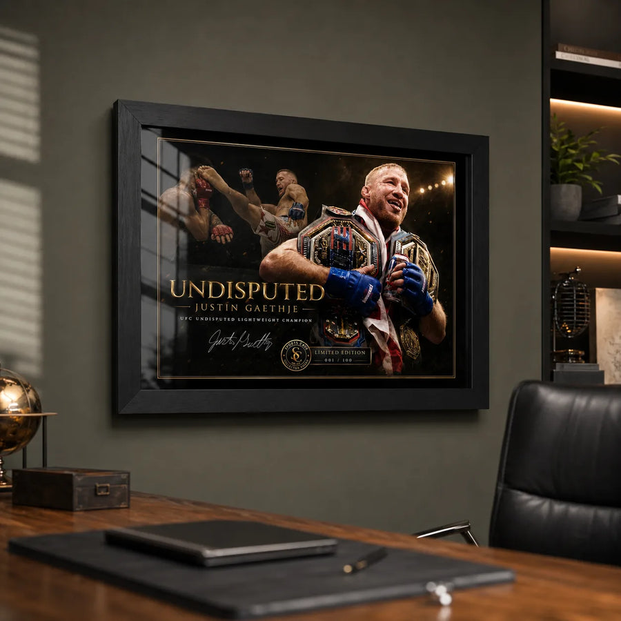 Justin Gaethje Undisputed wall art shown in a premium office setting for combat sports collectors.