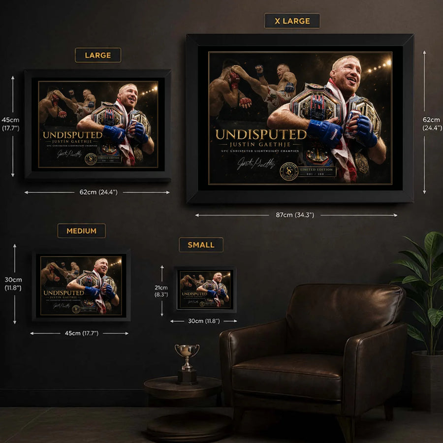 Justin Gaethje Undisputed wall art size guide showing framed options for limited edition collectors.