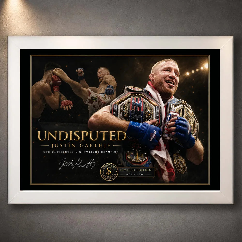 White framed Justin Gaethje Undisputed wall art for combat sports fans and collector spaces.