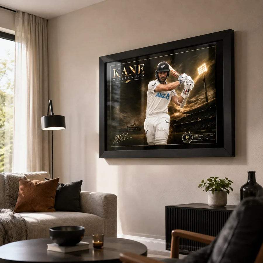 Black framed Kane Williamson cricket wall art displayed in a premium modern living room interior.