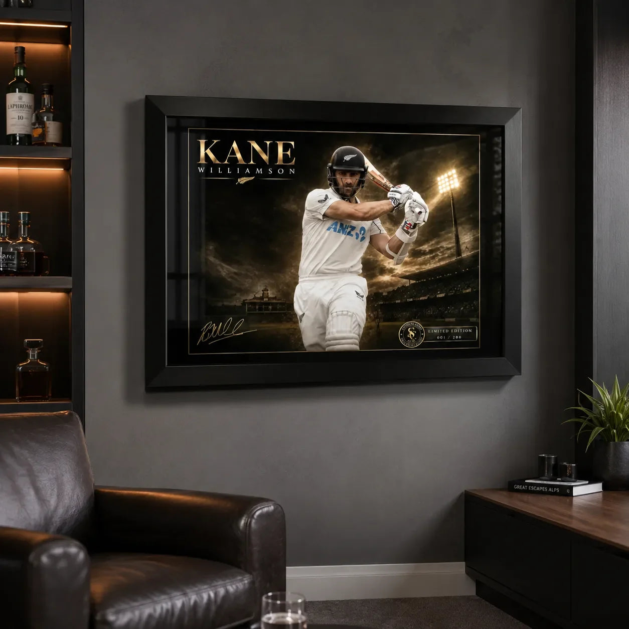 Black framed Kane Williamson cricket wall art shown in a premium sports man cave setting.