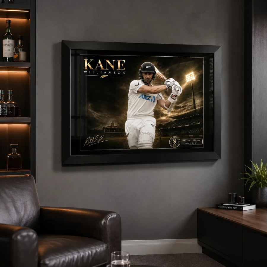 Black framed Kane Williamson cricket wall art shown in a premium sports man cave setting.