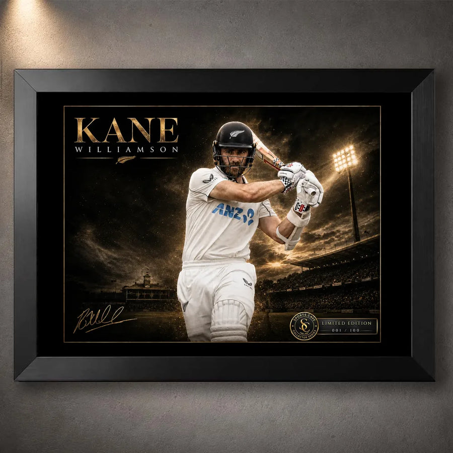 Kane Williamson cricket wall art displayed in a premium black frame against a clean neutral background.