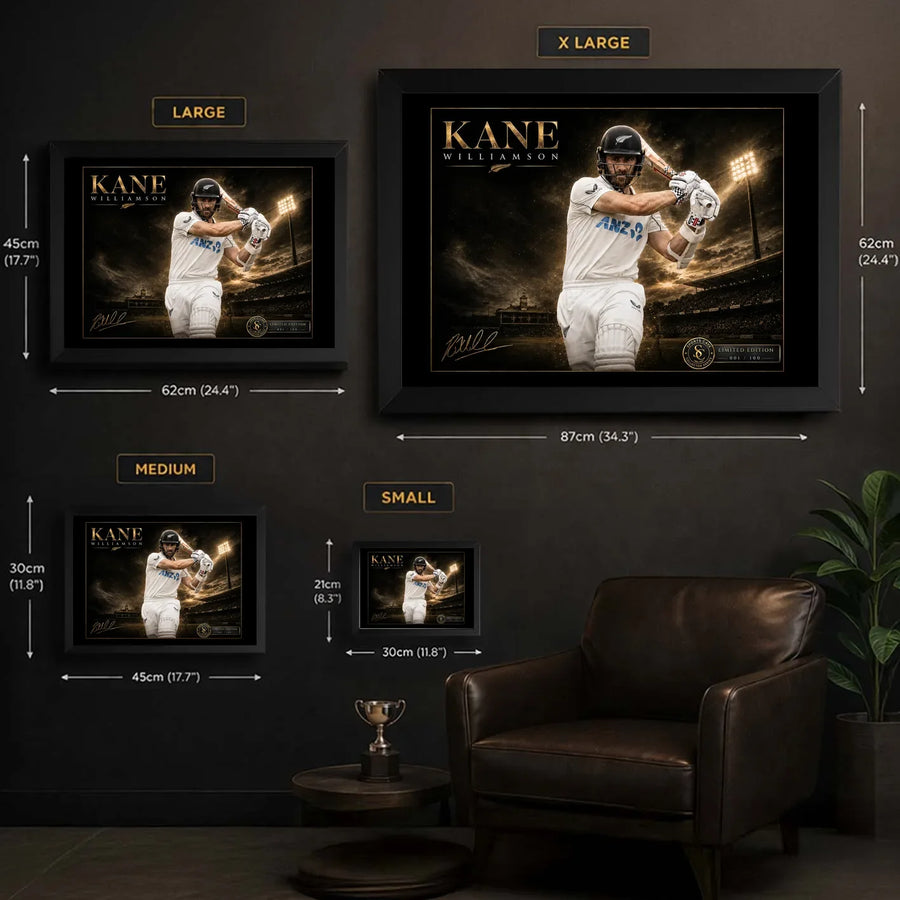 Kane Williamson framed cricket wall art size guide comparing the available print dimensions.