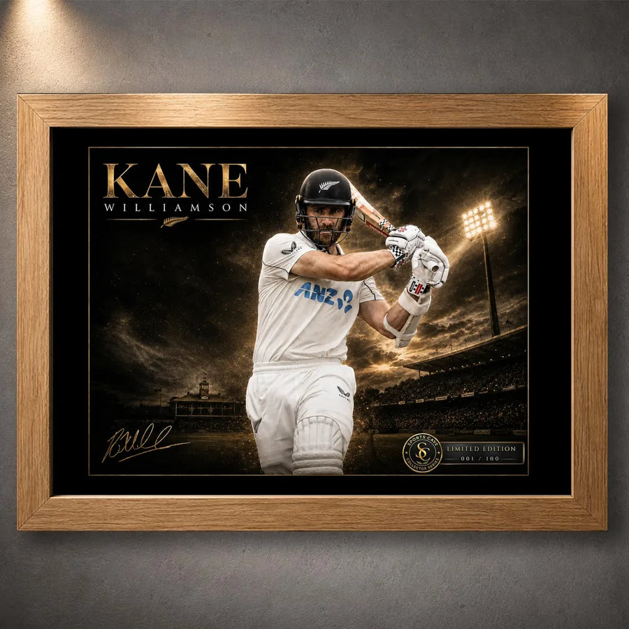Kane Williamson cricket wall art presented in a natural oak frame on a clean neutral background.