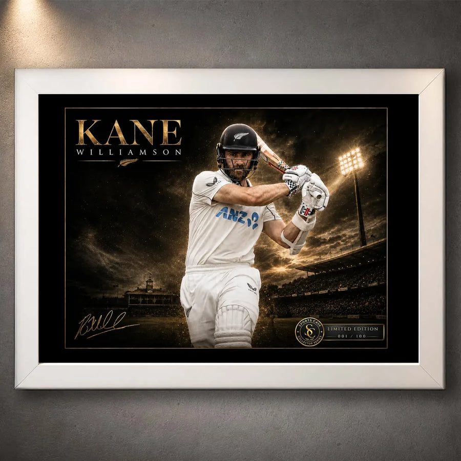 Kane Williamson cricket wall art displayed in a clean white frame against a neutral background.