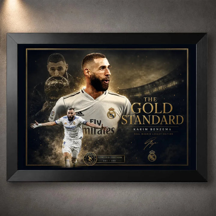 Karim Benzema football wall art in a black frame, featuring Real Madrid tribute artwork in gold tones.