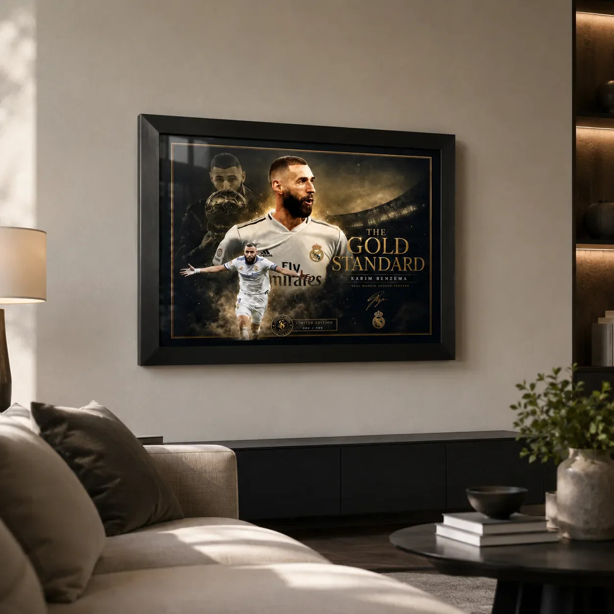 Karim Benzema football wall art in a black frame displayed in a modern living room setting.