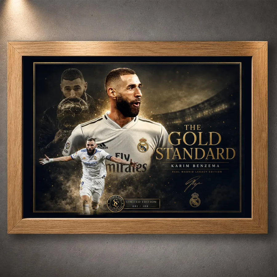 Karim Benzema football wall art in an oak frame, featuring Real Madrid tribute artwork in gold tones.