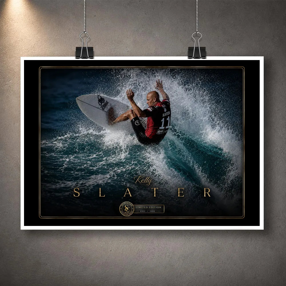 Unframed Kelly Slater surfing wall art print showing his turn through a breaking wave in a black and gold collector design.