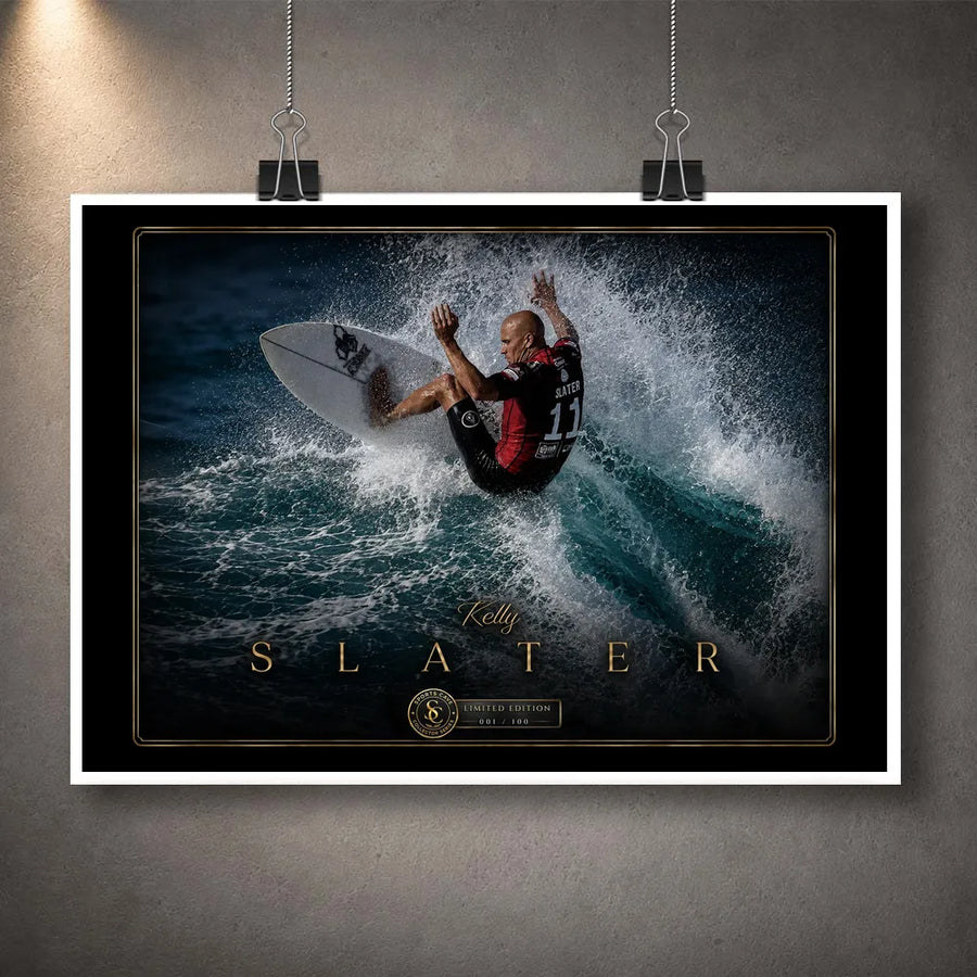 Unframed Kelly Slater surfing wall art print showing his turn through a breaking wave in a black and gold collector design.