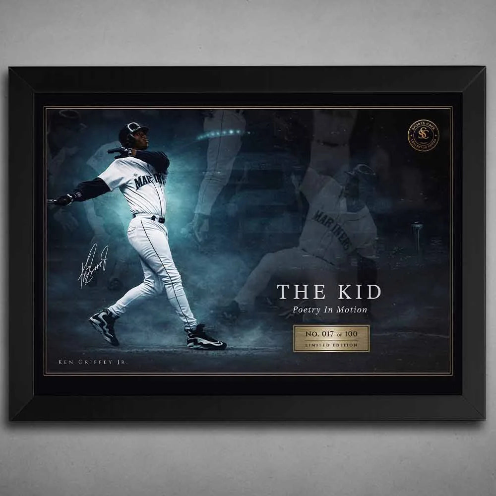 Ken Griffey Jr Seattle Mariners swing artwork in black frame, premium sports wall art capturing “The Kid” in motion