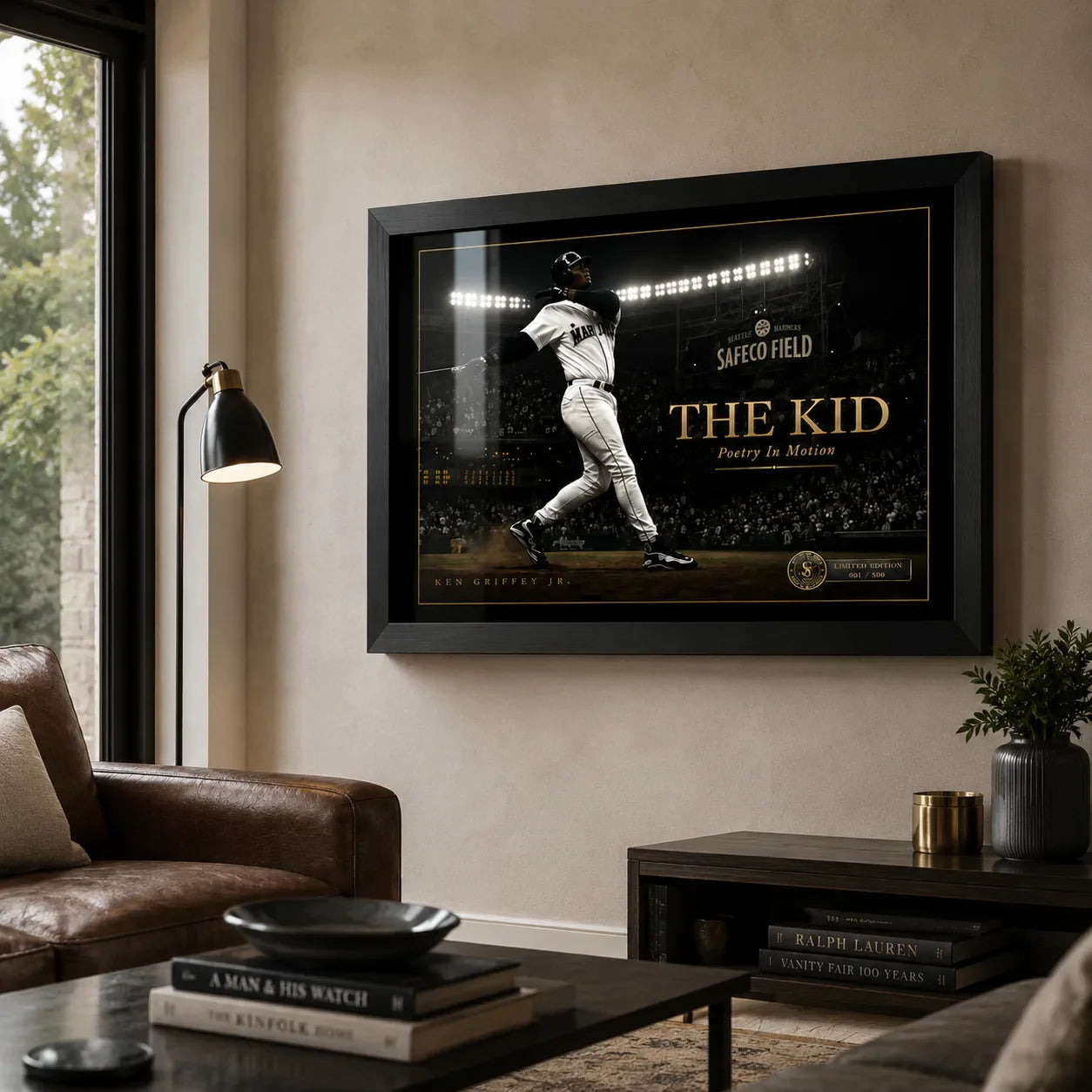 Ken Griffey Jr. The Kid framed baseball wall art displayed in a premium living room above dark timber furniture.