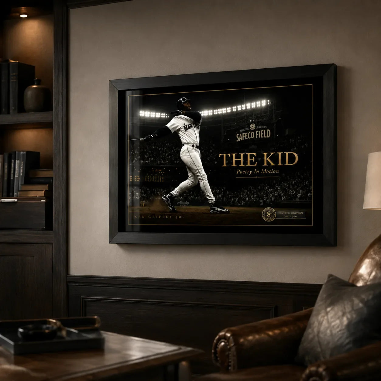 Ken Griffey Jr. The Kid framed baseball wall art mounted in a dark premium man cave with warm ambient lighting.