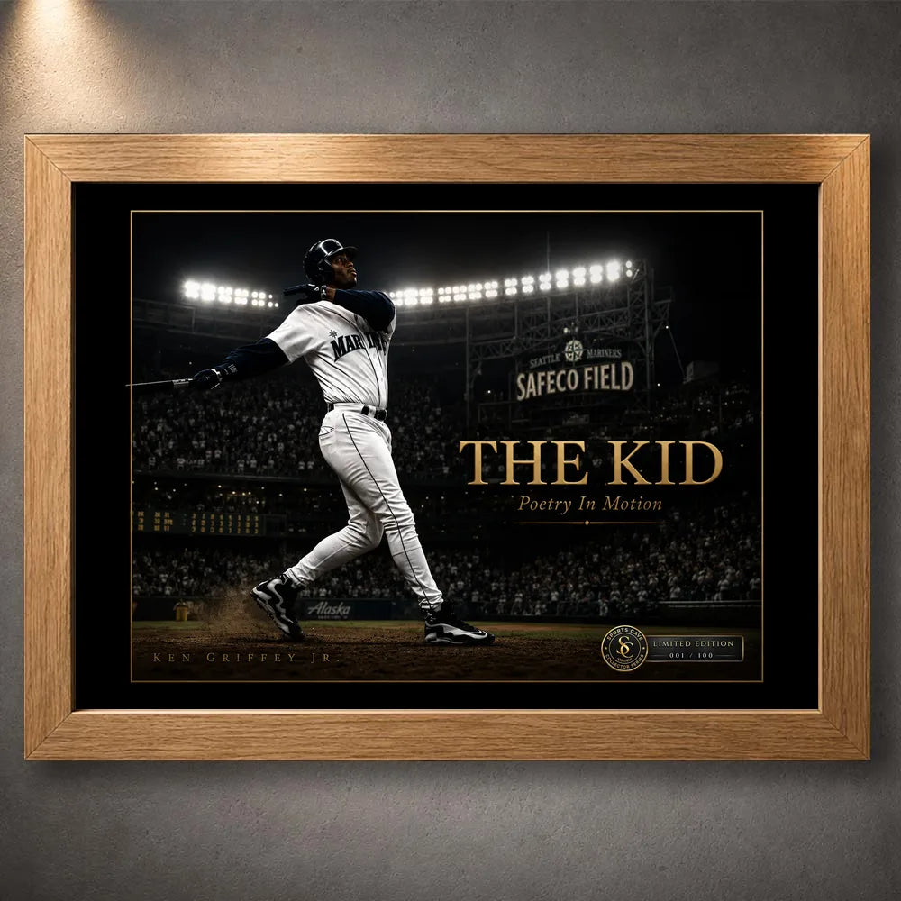 Ken Griffey Jr. The Kid baseball wall art presented in a natural oak frame against a textured gallery wall.