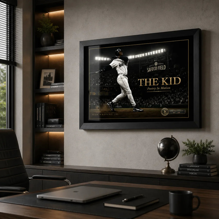 Ken Griffey Jr. The Kid framed baseball wall art displayed in a modern executive office with dark timber shelving.