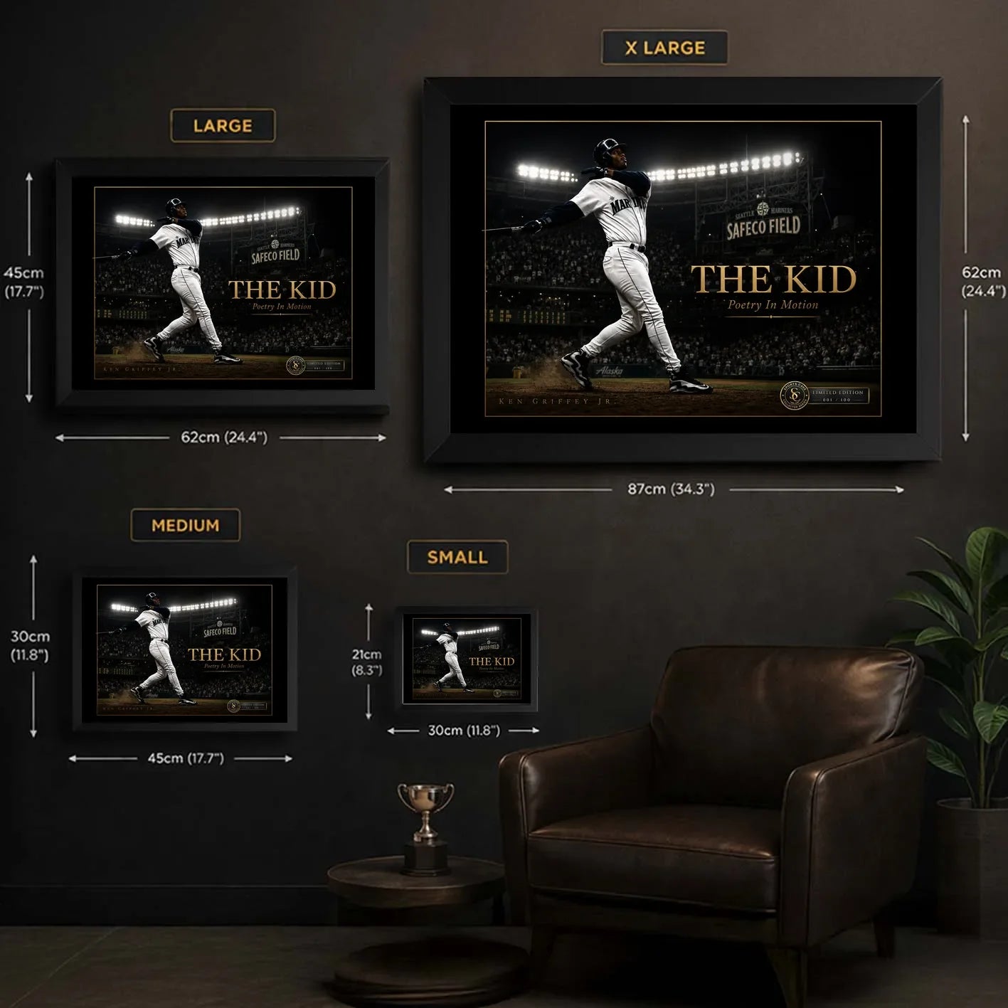Ken Griffey Jr. The Kid baseball wall art size guide comparing Small Medium Large and XL framed dimensions.