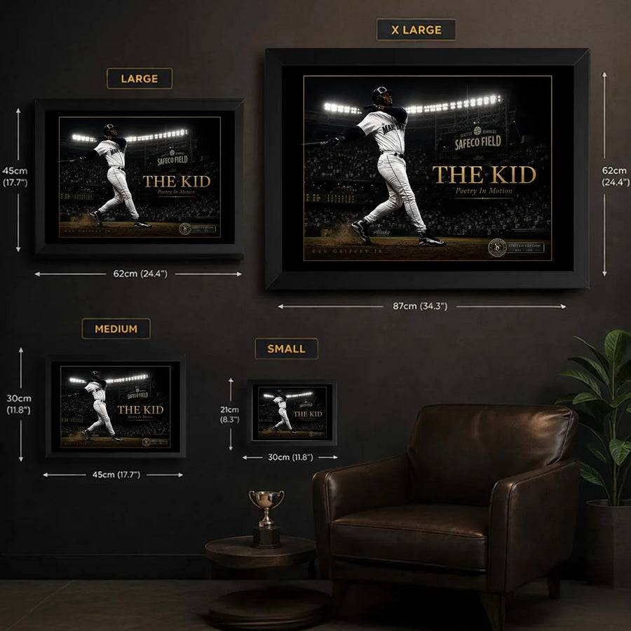 Ken Griffey Jr. The Kid baseball wall art size guide comparing Small Medium Large and XL framed dimensions.