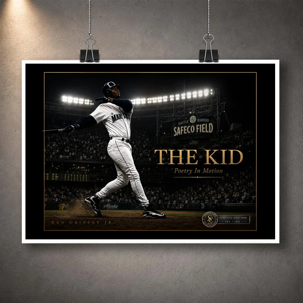 Ken Griffey Jr. The Kid unframed baseball wall art print displayed with a clean white border and hanging clips.