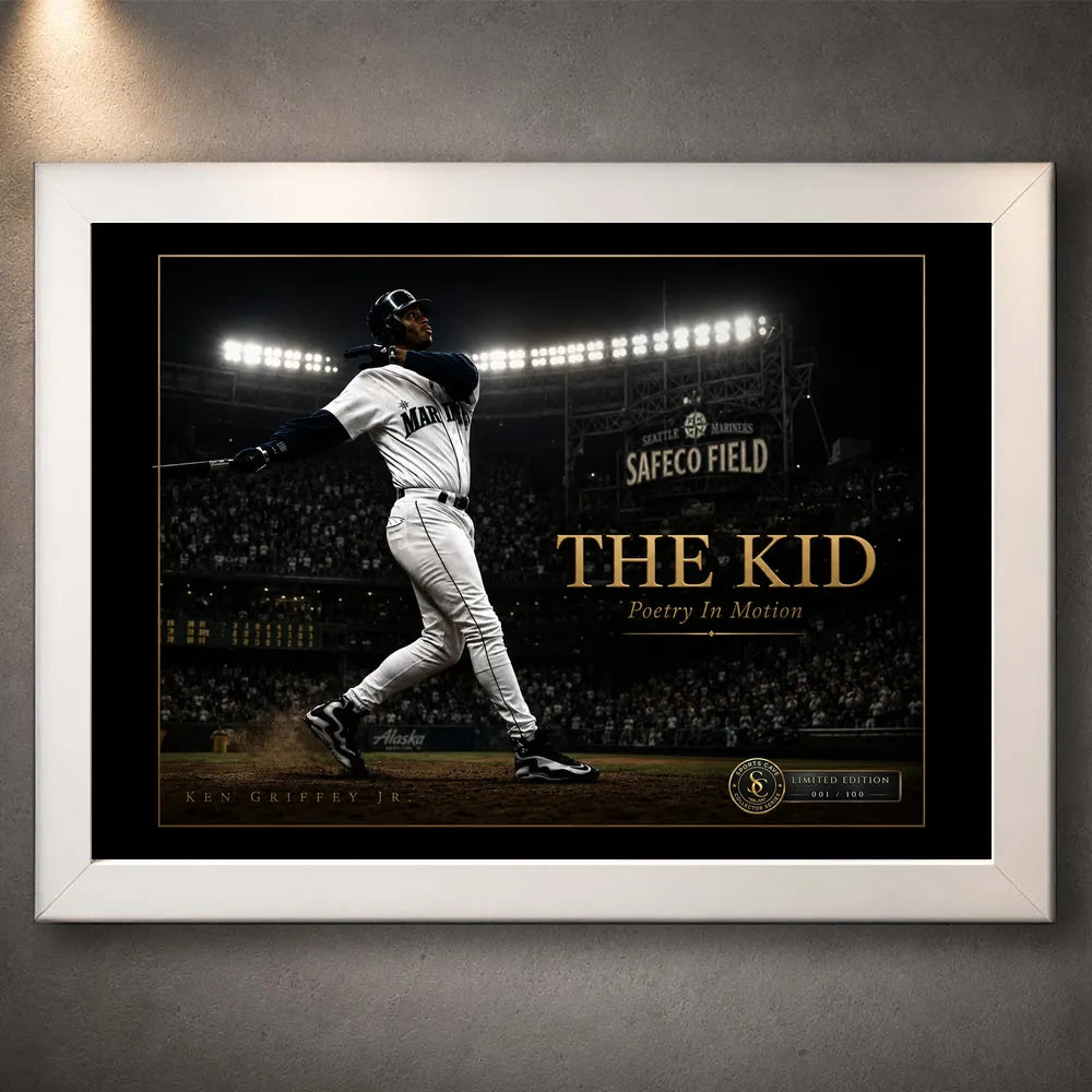 Ken Griffey Jr. The Kid baseball wall art shown in a clean white frame against a softly lit textured wall.