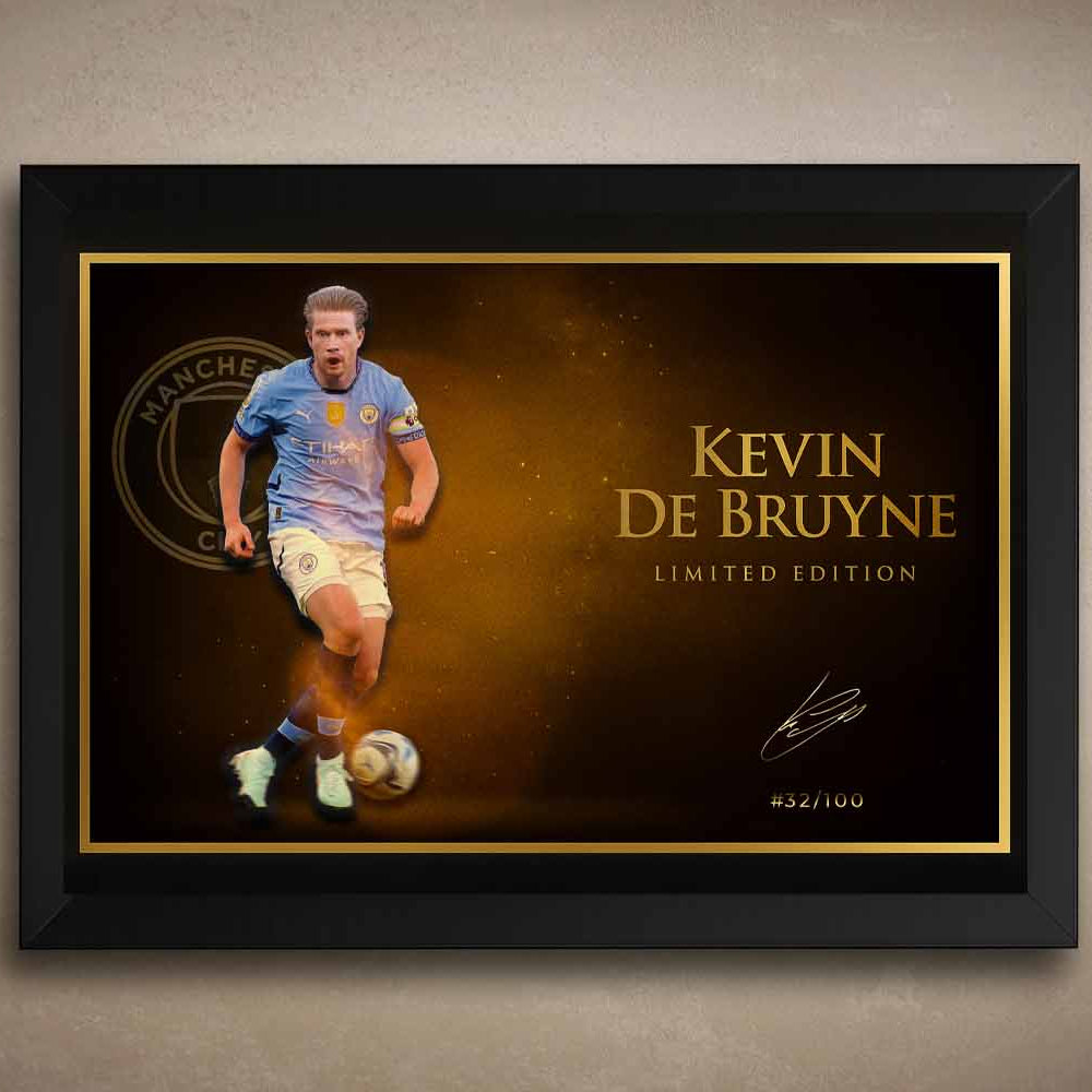 Framed sports art of Kevin De Bruyne in Manchester City colors, part of a premium limited edition sports wall art series.