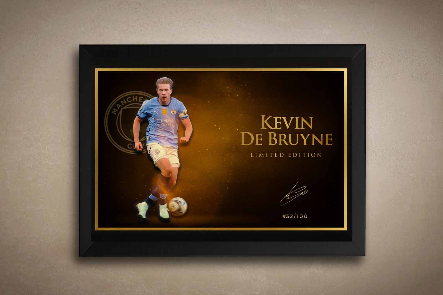 Framed sports art of Kevin De Bruyne in Manchester City colors, part of a premium limited edition sports wall art series.