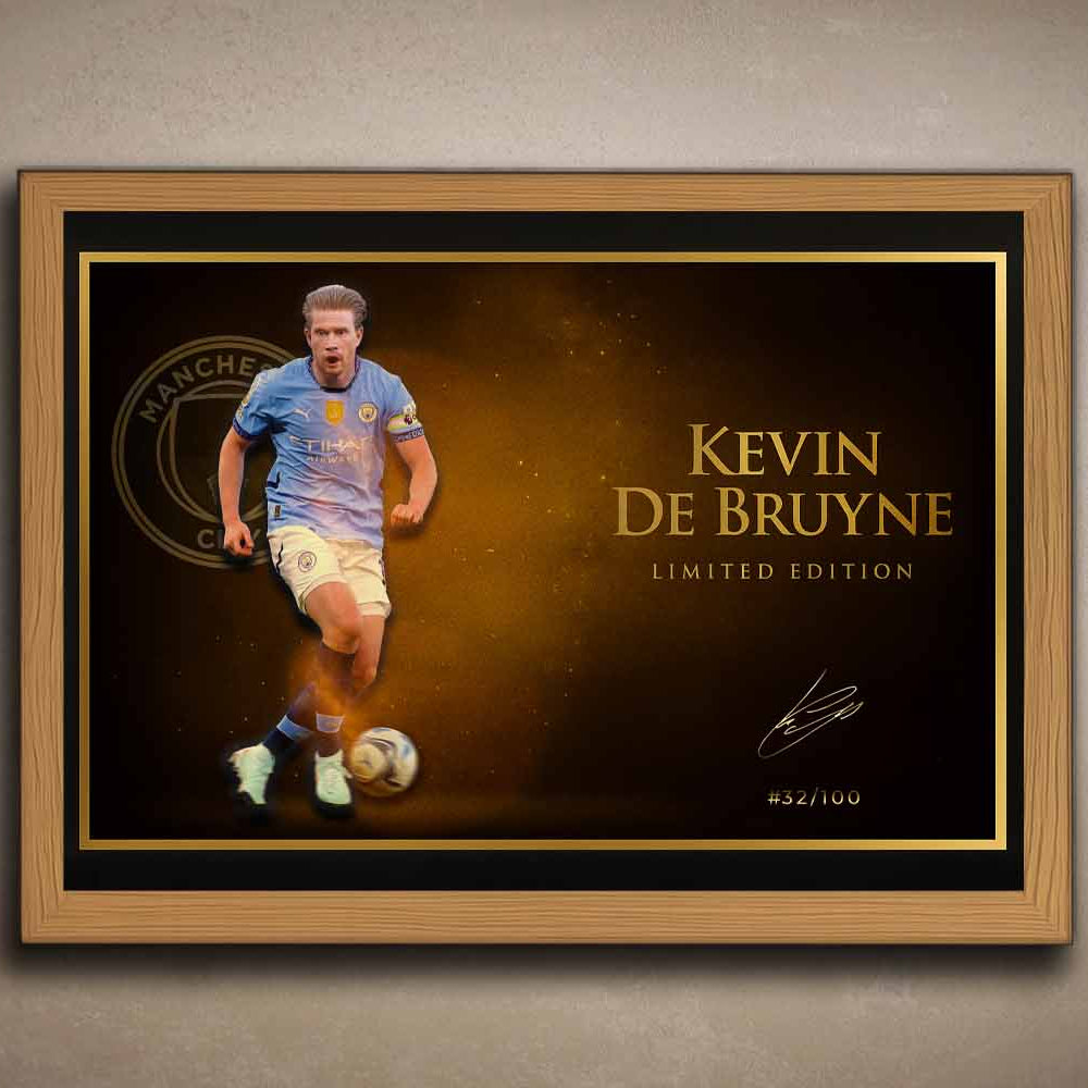 Kevin De Bruyne premium sports wall art with oak frame, a collectible limited edition print for Manchester City supporters.