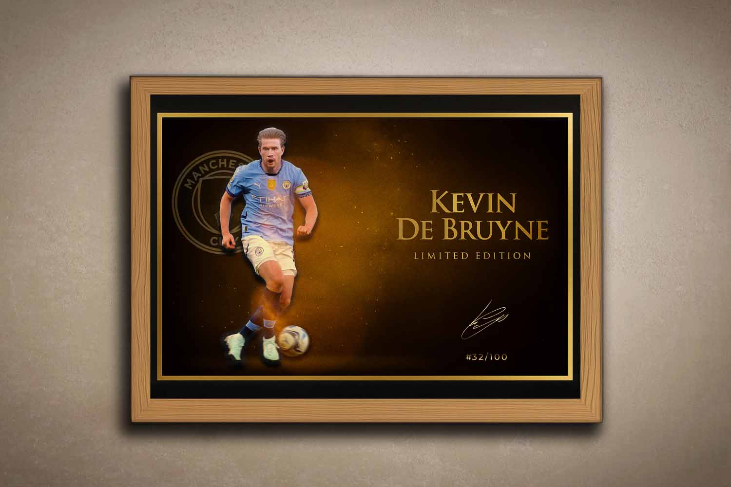 Kevin De Bruyne premium sports wall art with oak frame, a collectible limited edition print for Manchester City supporters.