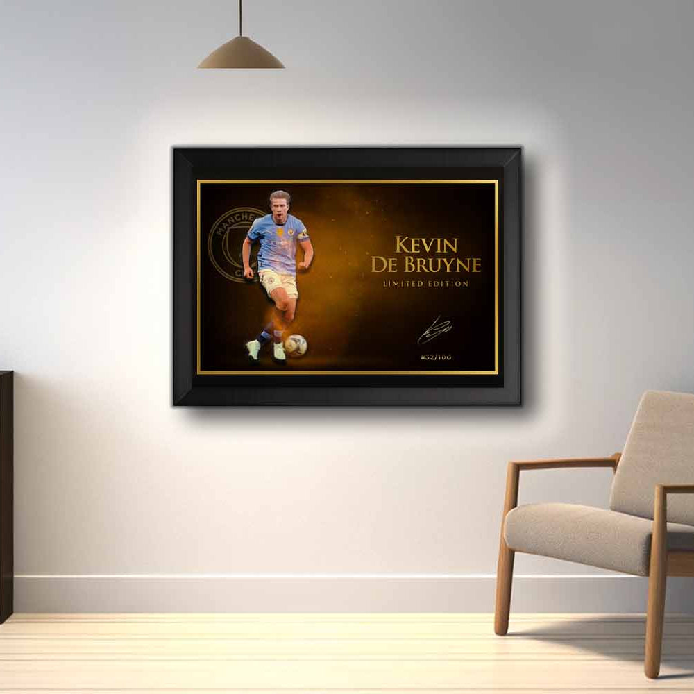 Kevin De Bruyne limited edition framed sports art displayed in a modern room, ideal for man cave wall décor or collectors.