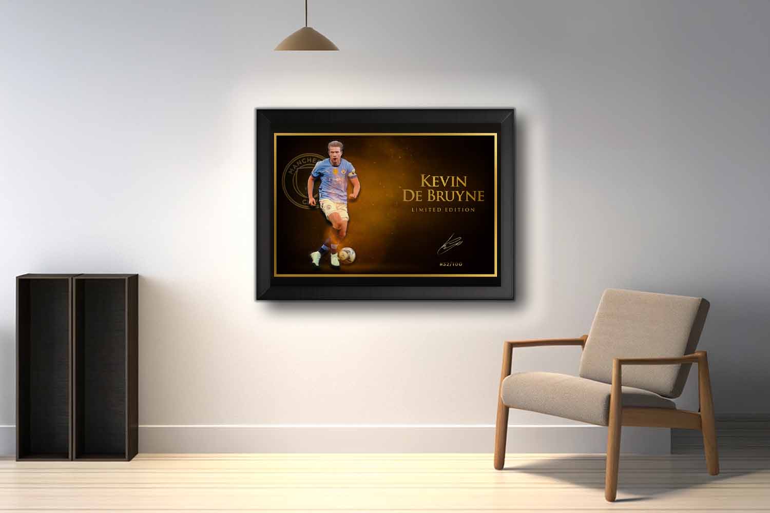 Kevin De Bruyne limited edition framed sports art displayed in a modern room, ideal for man cave wall décor or collectors.