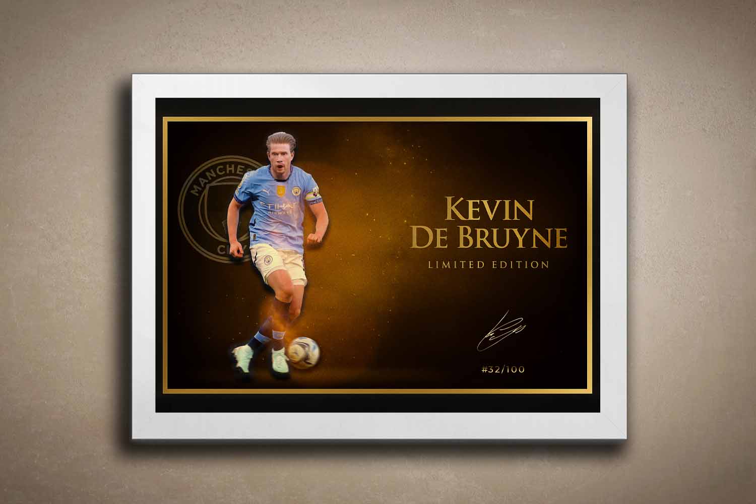 Kevin De Bruyne limited edition print in a white frame, designed as high-end framed sports memorabilia for football fans.