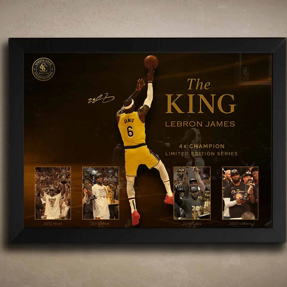 LeBron James wall art in black frame – The King limited edition sports wall art for premium man caves and NBA collectors.