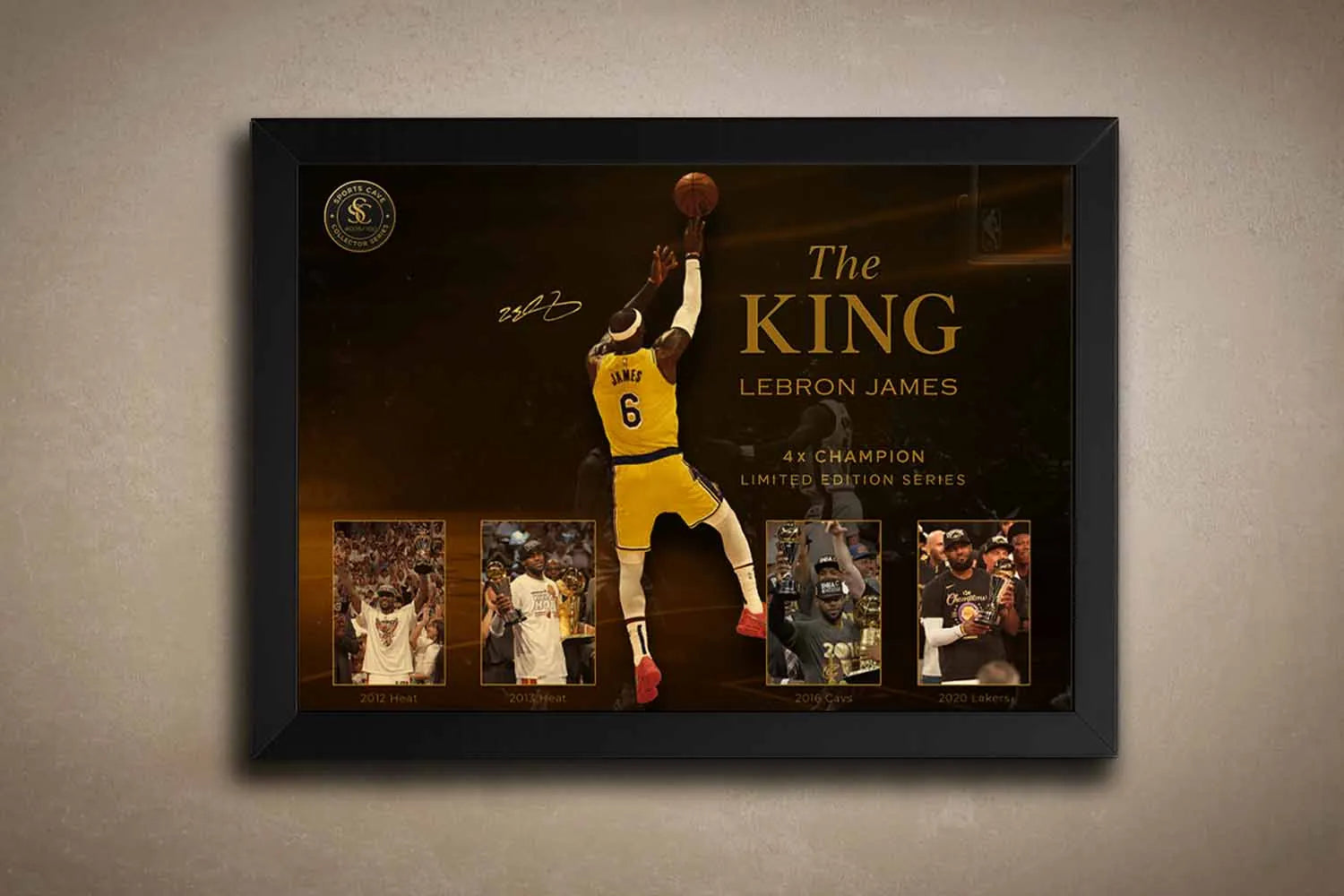 LeBron James wall art in black frame – The King limited edition sports wall art for premium man caves and NBA collectors.