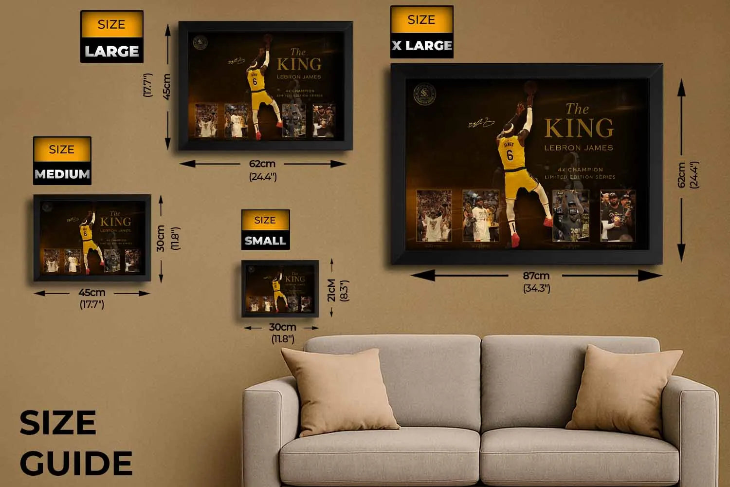 Size guide for LeBron James premium framed NBA wall art available in small, medium, large and extra-large poster sizes by Sports Cave.