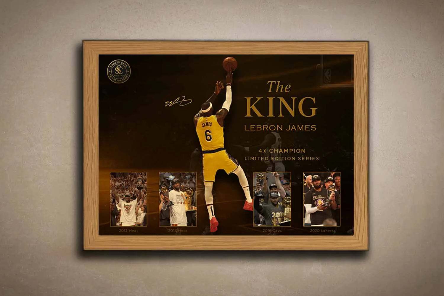LeBron James The King limited edition wall art in oak frame – premium NBA sports memorabilia poster.