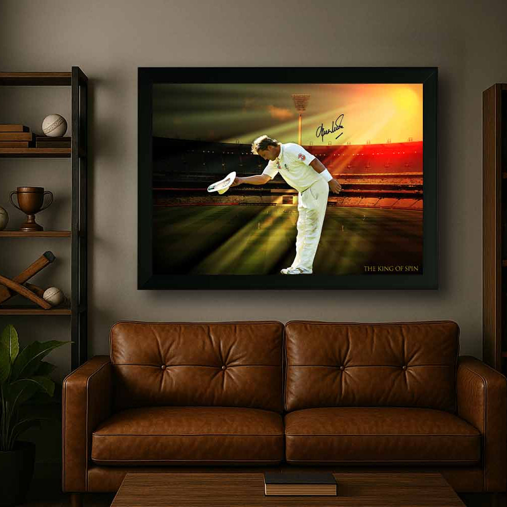 Shane Warne wall art framed and hung in a modern space — premium cricket memorabilia perfect for collectors and fan décor.