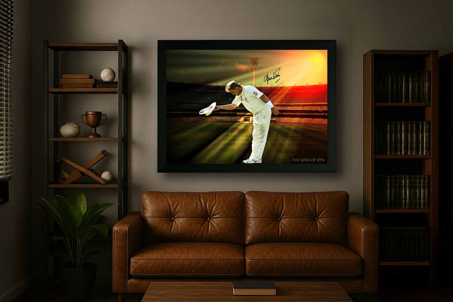 Shane Warne wall art framed and hung in a modern space — premium cricket memorabilia perfect for collectors and fan décor.