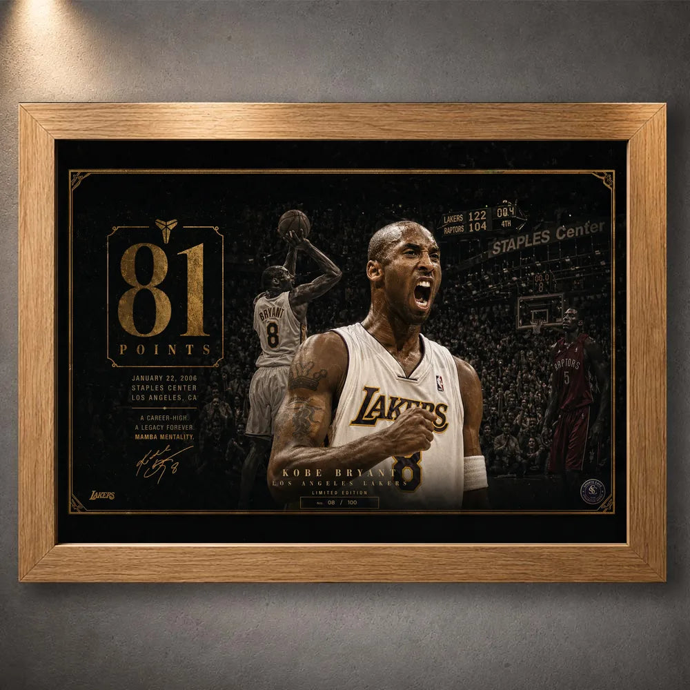 Kobe Bryant 81-point game sports wall art in oak frame featuring Lakers artwork and crowd backdrop