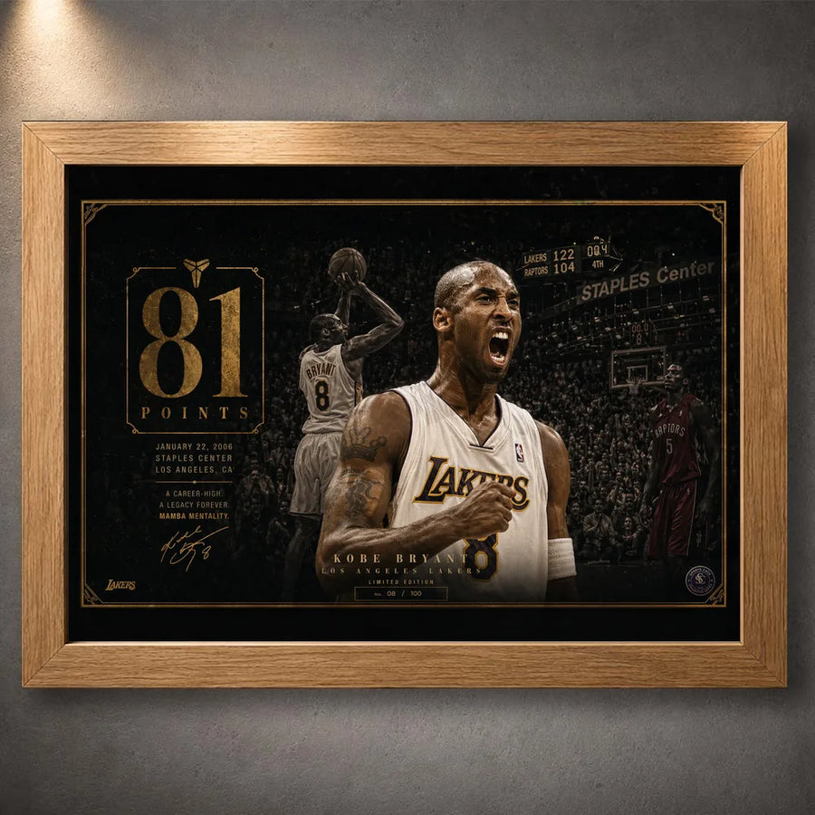 Kobe Bryant 81-point game sports wall art in oak frame featuring Lakers artwork and crowd backdrop