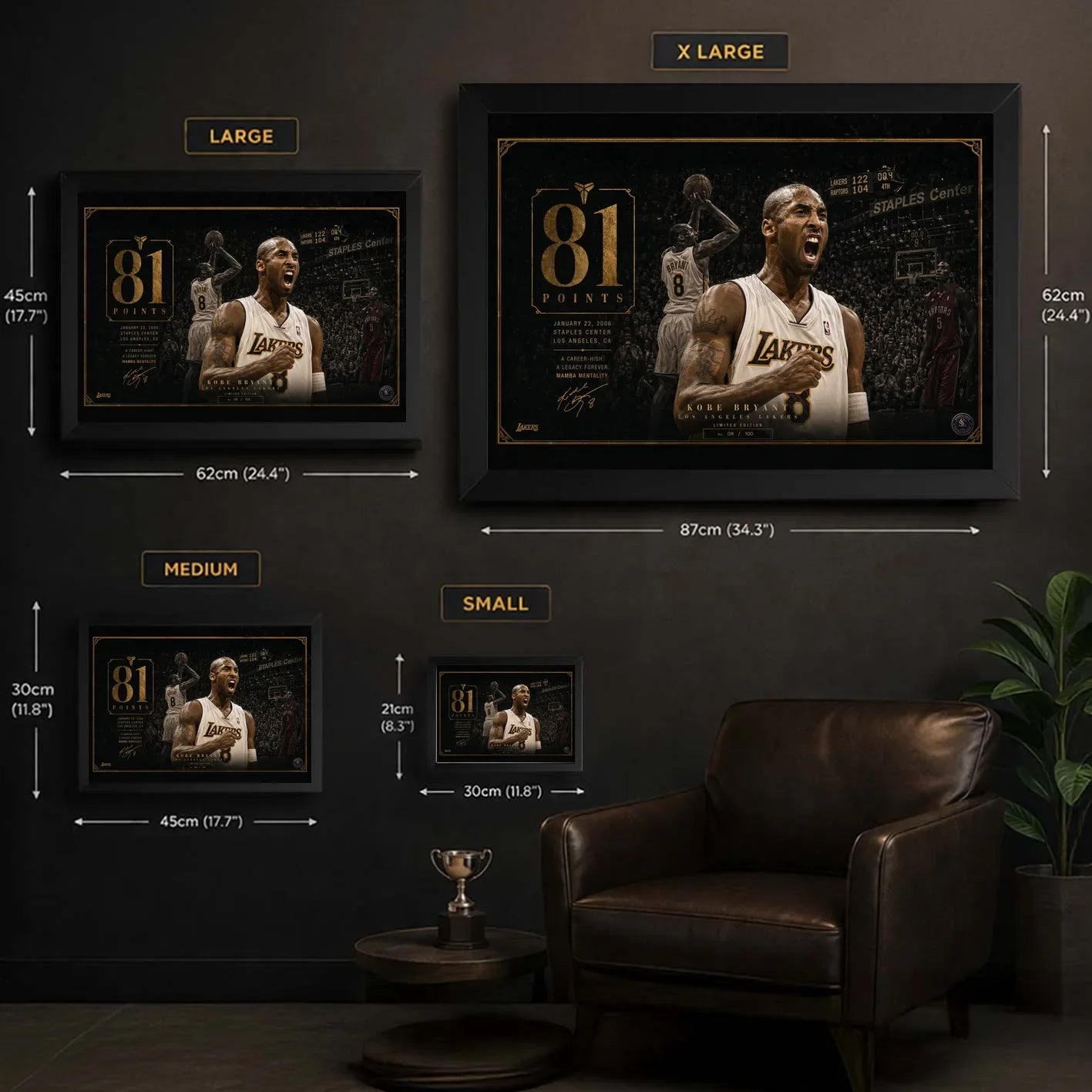 Kobe Bryant 81-point game sports wall art size guide showing framed print dimensions from S to XL