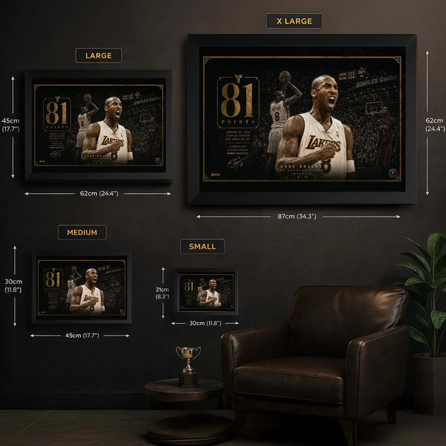 Kobe Bryant 81-point game sports wall art size guide showing framed print dimensions from S to XL
