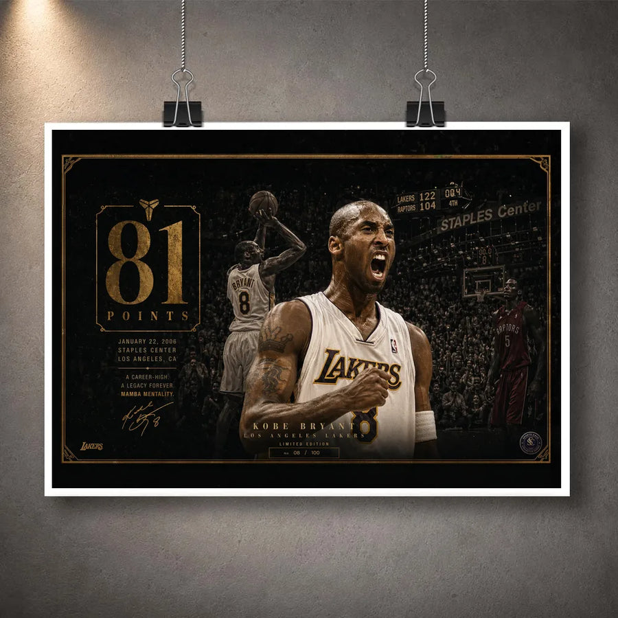 Kobe Bryant 81-point game unframed sports art print hanging with clips against a grey wall