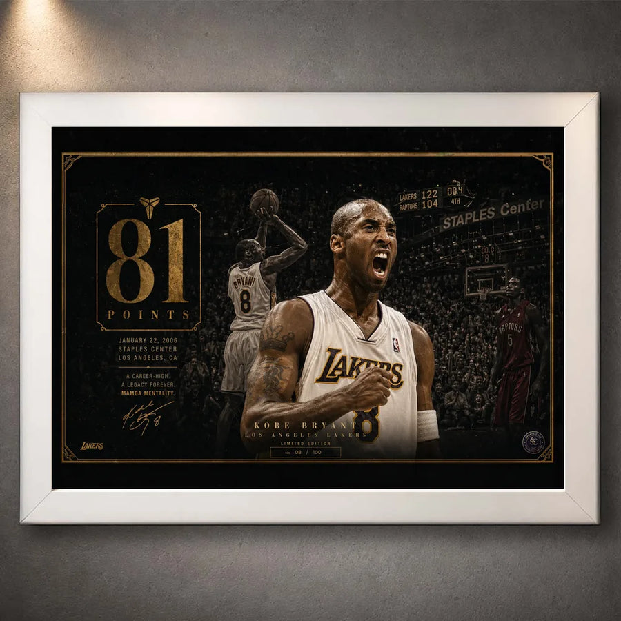 Kobe Bryant 81-point game sports wall art in white frame featuring Lakers artwork in a clean finish