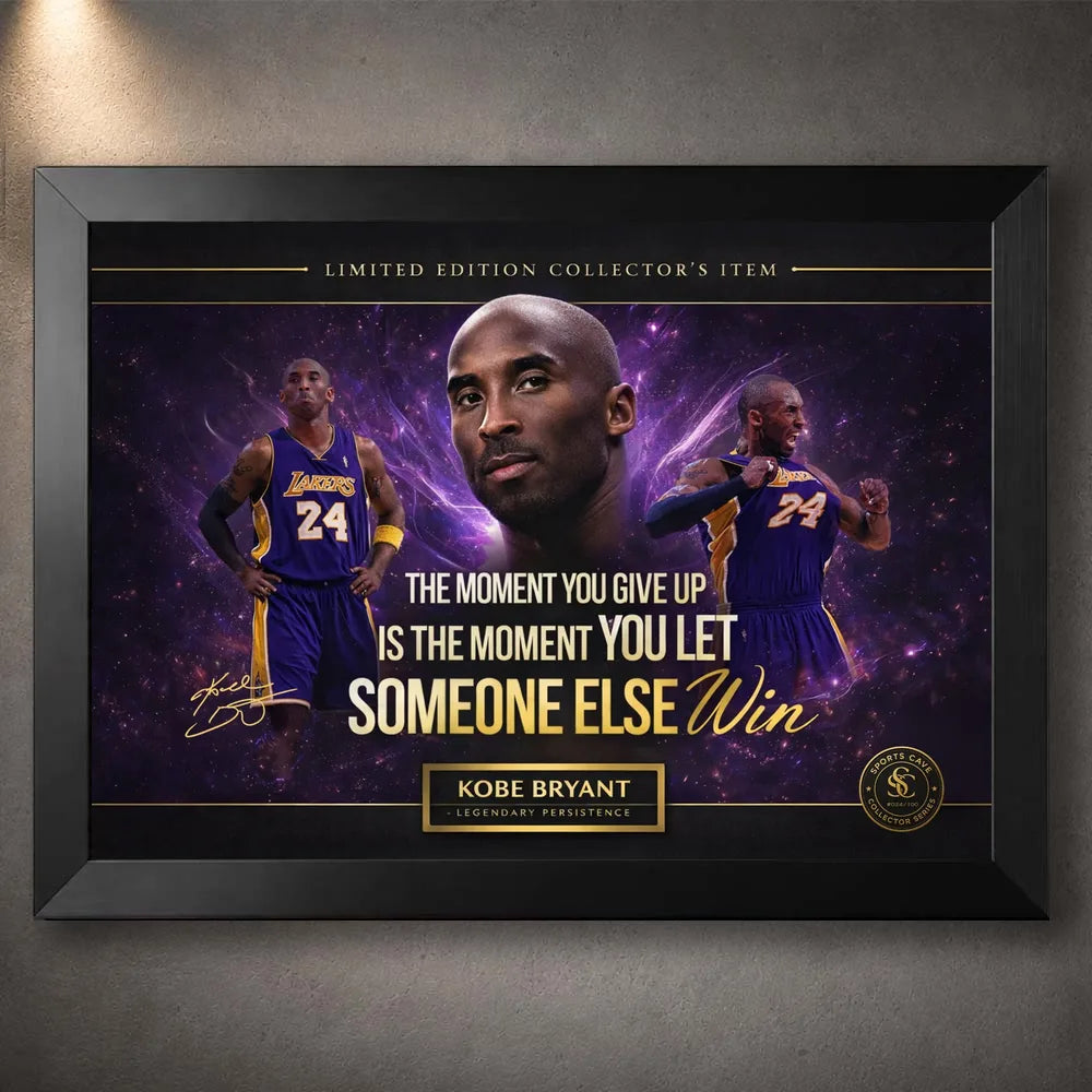 Black framed Kobe Bryant motivational basketball artwork with Lakers imagery, presented as premium NBA wall art.