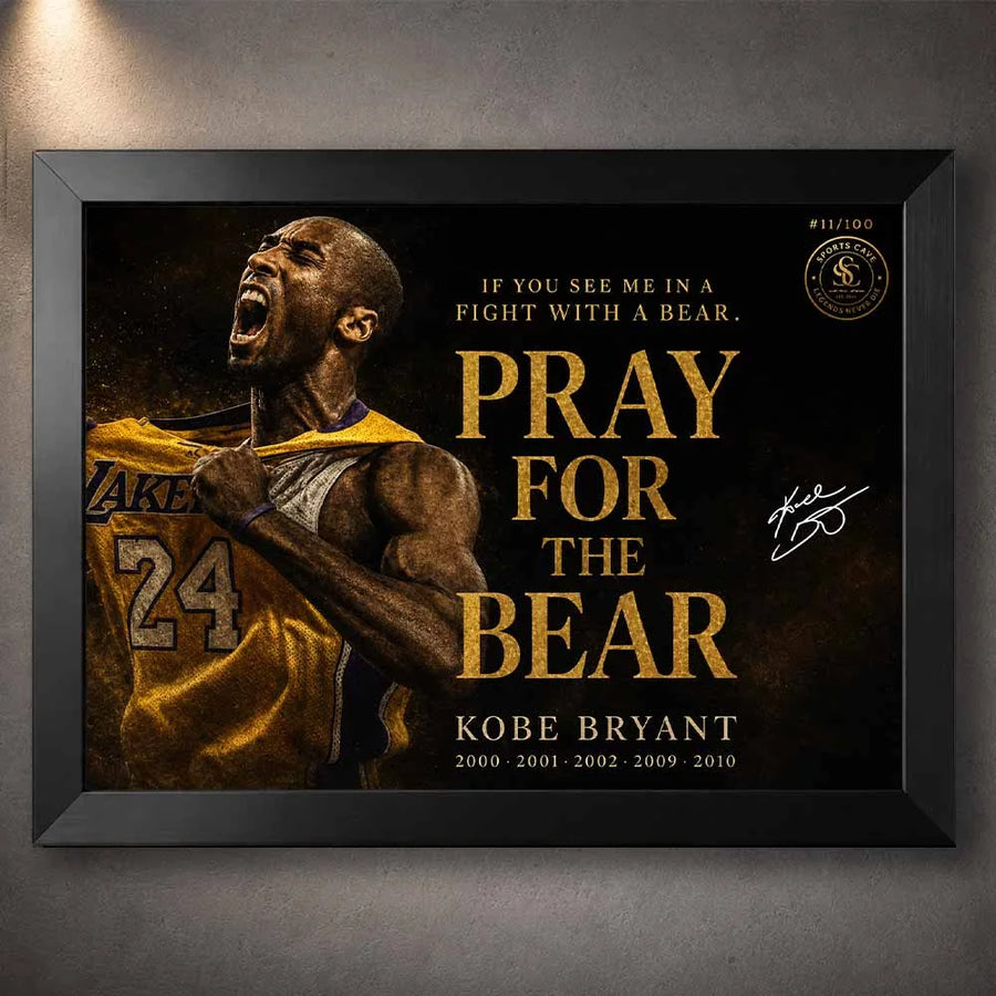 Kobe Bryant Pray For The Bear black framed NBA sports wall art on beige wall.
