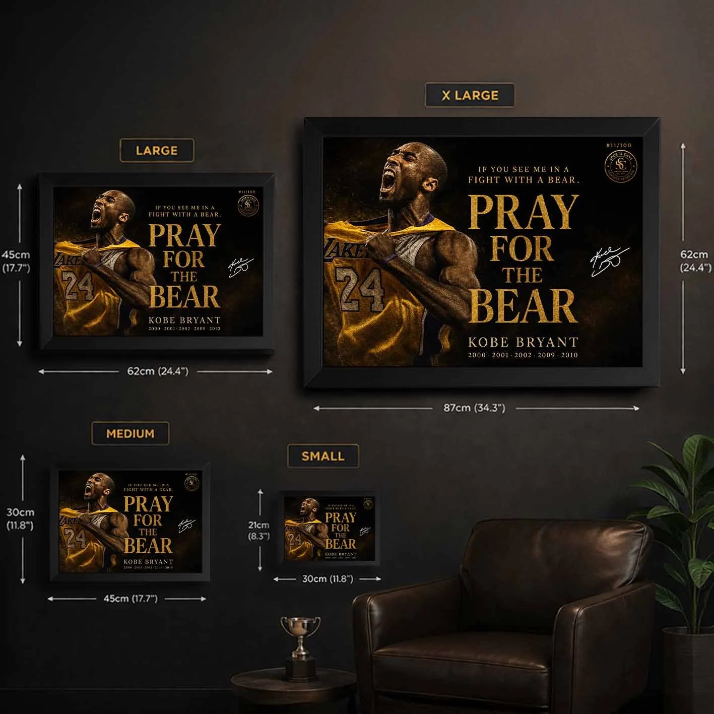 Kobe Bryant Pray For The Bear wall art size guide for framed NBA sports wall art by Sports Cave.
