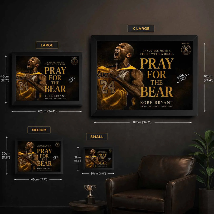 Kobe Bryant Pray For The Bear wall art size guide for framed NBA sports wall art by Sports Cave.