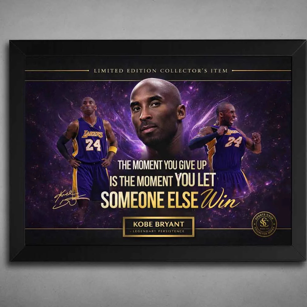 Black framed Kobe Bryant motivational artwork featuring iconic Lakers imagery, designed as premium framed sports art for collectors.