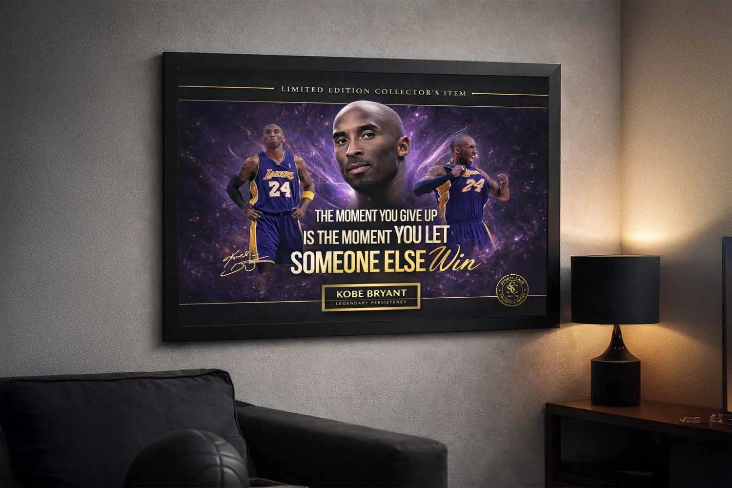 Kobe Bryant framed artwork displayed in a modern man cave, showcasing bold NBA imagery as premium man cave wall décor.